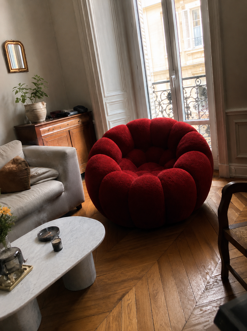 Intérieur avec le canapé Faubourg III — Rouge Profond — Pierre-Antoine G., Paris VIIe